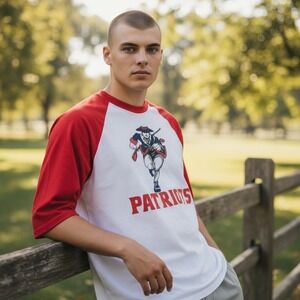 Mens Patriots Baseball Tee Raglan Red White Graphic T Shirt